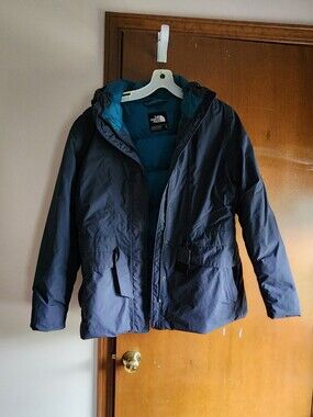 The North Face Navy Blue Hyvent Hooded Puffer Jacket with Teal Lining